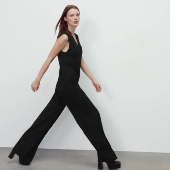 NWT ZARA WOMEN'S LONG V-NECK JUMPSUIT SLEEVELESS BLACK Pinstripe - Picture 4 of 8
